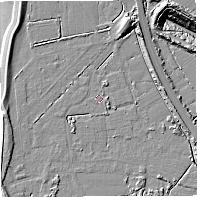 Shaded relief map of the ground around BS354NR, computed from Environment Agency LiDAR. The ground here sits at about 6 m above sea level and falls 27 m across the surrounding 800 m. Surface water reaching this point runs off ground lying to the east, 1.9 m higher.