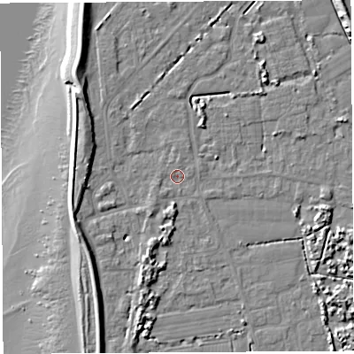 Shaded relief map of the ground around BS354NS, computed from Environment Agency LiDAR. The ground here sits at about 6 m above sea level and falls 13 m across the surrounding 800 m. Surface water reaching this point runs off ground lying to the south-west, 1.0 m higher.