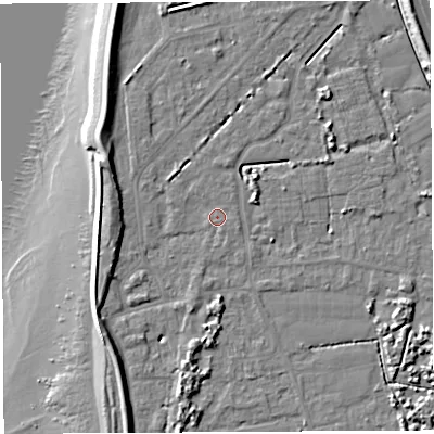 Shaded relief map of the ground around BS354NT, computed from Environment Agency LiDAR. The ground here sits at about 7 m above sea level and falls 13 m across the surrounding 800 m. Surface water reaching this point runs off ground lying to the west-north-west, 6.6 m higher.