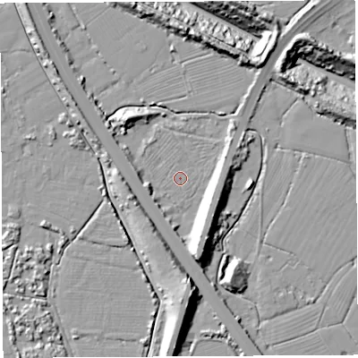 Shaded relief map of the ground around BS354NU, computed from Environment Agency LiDAR. The ground here sits at about 6 m above sea level and falls 25 m across the surrounding 800 m. Surface water reaching this point runs off ground lying to the east-south-east, 0.6 m higher.