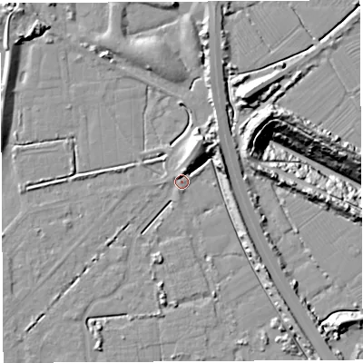 Shaded relief map of the ground around BS354PA, computed from Environment Agency LiDAR. The ground here sits at about 7 m above sea level and falls 27 m across the surrounding 800 m. Surface water reaching this point runs off ground lying to the north-north-west, 4.1 m higher.
