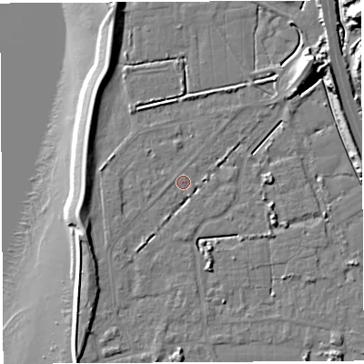 Shaded relief map of the ground around BS354PB, computed from Environment Agency LiDAR. The ground here sits at about 6 m above sea level and falls 17 m across the surrounding 800 m. Surface water reaching this point runs off ground lying to the west-south-west, 2.4 m higher.