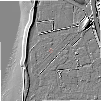Shaded relief map of the ground around BS354PD, computed from Environment Agency LiDAR. The ground here sits at about 6 m above sea level and falls 17 m across the surrounding 800 m. Surface water reaching this point runs off ground lying to the west-north-west, 0.8 m higher.