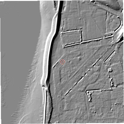 Shaded relief map of the ground around BS354PE, computed from Environment Agency LiDAR. The ground here sits at about 6 m above sea level and falls 15 m across the surrounding 800 m. Surface water reaching this point runs off ground lying to the west-south-west, 1.3 m higher.