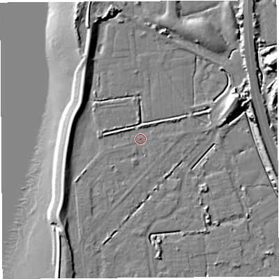 Shaded relief map of the ground around BS354PF, computed from Environment Agency LiDAR. The ground here sits at about 6 m above sea level and falls 17 m across the surrounding 800 m. Surface water reaching this point runs off ground lying to the north-north-east, 1.9 m higher.