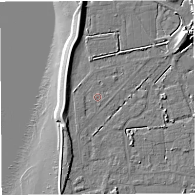 Shaded relief map of the ground around BS354PG, computed from Environment Agency LiDAR. The ground here sits at about 7 m above sea level and falls 17 m across the surrounding 800 m. Surface water reaching this point runs off ground lying to the north, 0.6 m higher.