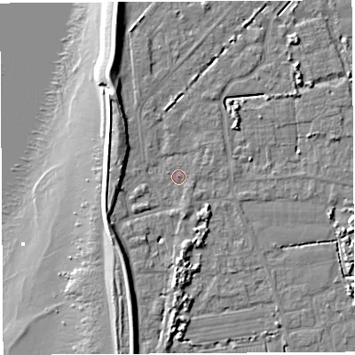 Shaded relief map of the ground around BS354PH, computed from Environment Agency LiDAR. The ground here sits at about 6 m above sea level and falls 12 m across the surrounding 800 m. Surface water reaching this point runs off ground lying to the south-south-west, 6.3 m higher.
