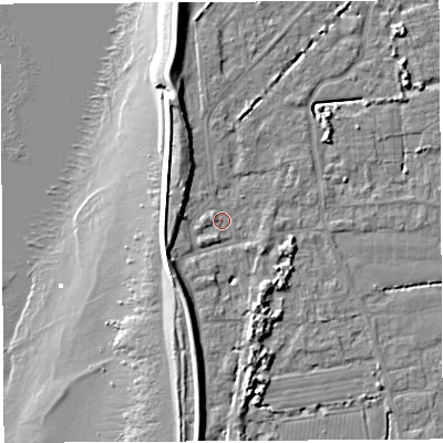 Shaded relief map of the ground around BS354PJ, computed from Environment Agency LiDAR. The ground here sits at about 7 m above sea level and falls 12 m across the surrounding 800 m. Surface water reaching this point runs off ground lying to the north-north-west, 6.6 m higher.