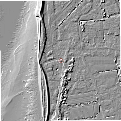 Shaded relief map of the ground around BS354PL, computed from Environment Agency LiDAR. The ground here sits at about 7 m above sea level and falls 12 m across the surrounding 800 m. Surface water reaching this point runs off ground lying to the south-south-west, 6.3 m higher.