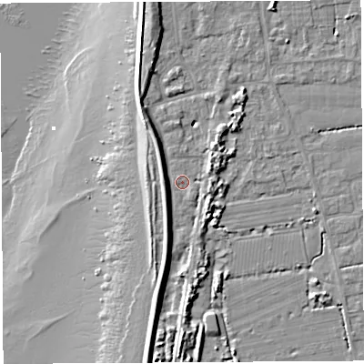 Shaded relief map of the ground around BS354PN, computed from Environment Agency LiDAR. The ground here sits at about 7 m above sea level and falls 12 m across the surrounding 800 m. Surface water reaching this point runs off ground lying to the west-south-west, 4.5 m higher.