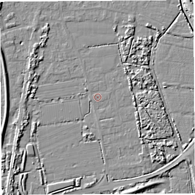 Shaded relief map of the ground around BS354PP, computed from Environment Agency LiDAR. The ground here sits at about 6 m above sea level and falls 8 m across the surrounding 800 m. Surface water reaching this point runs off ground lying to the south-south-east, 0.7 m higher.