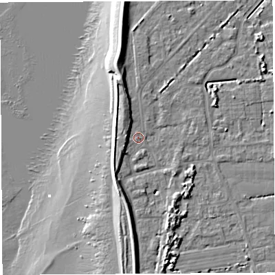 Shaded relief map of the ground around BS354PQ, computed from Environment Agency LiDAR. The ground here sits at about 7 m above sea level and falls 12 m across the surrounding 800 m. Surface water reaching this point runs off ground lying to the north-north-west, 6.6 m higher.
