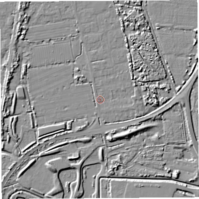 Shaded relief map of the ground around BS354PR, computed from Environment Agency LiDAR. The ground here sits at about 6 m above sea level and falls 7 m across the surrounding 800 m. Surface water reaching this point runs off ground lying to the south-west, 3.5 m higher.