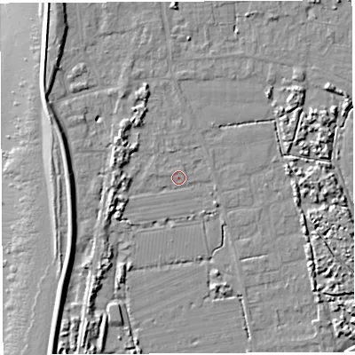 Shaded relief map of the ground around BS354PS, computed from Environment Agency LiDAR. The ground here sits at about 6 m above sea level and falls 10 m across the surrounding 800 m. Surface water reaching this point runs off ground lying to the west-north-west, 4.0 m higher.