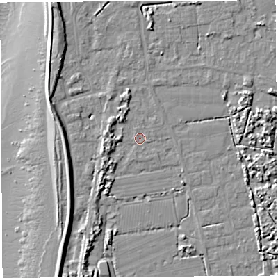Shaded relief map of the ground around BS354PT, computed from Environment Agency LiDAR. The ground here sits at about 6 m above sea level and falls 12 m across the surrounding 800 m. Surface water reaching this point runs off ground lying to the west-south-west, 3.7 m higher.