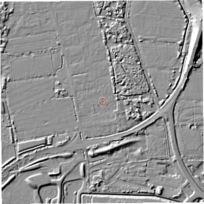 Shaded relief map of the ground around BS354PU, computed from Environment Agency LiDAR. The ground here sits at about 6 m above sea level and falls 13 m across the surrounding 800 m. Surface water reaching this point runs off ground lying to the east, 2.2 m higher.