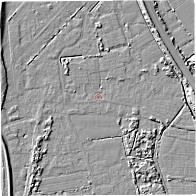 Shaded relief map of the ground around BS354PW, computed from Environment Agency LiDAR. The ground here sits at about 6 m above sea level and falls 8 m across the surrounding 800 m. Surface water reaching this point runs off ground lying to the east-south-east, 0.8 m higher.