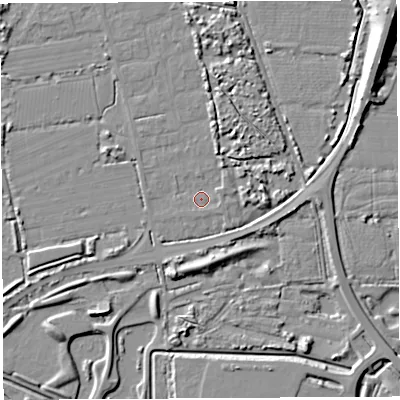 Shaded relief map of the ground around BS354PX, computed from Environment Agency LiDAR. The ground here sits at about 6 m above sea level and falls 13 m across the surrounding 800 m. Surface water reaching this point runs off ground lying to the north-east, 2.2 m higher.