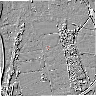 Shaded relief map of the ground around BS354PY, computed from Environment Agency LiDAR. The ground here sits at about 6 m above sea level and falls 7 m across the surrounding 800 m. Surface water reaching this point runs off ground lying to the south-west, 0.7 m higher.