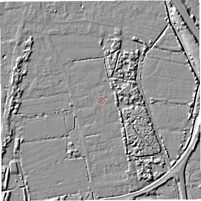 Shaded relief map of the ground around BS354PZ, computed from Environment Agency LiDAR. The ground here sits at about 6 m above sea level and falls 9 m across the surrounding 800 m. Surface water reaching this point runs off ground lying to the south-west, 0.6 m higher.
