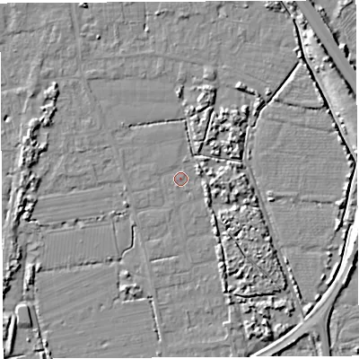 Shaded relief map of the ground around BS354QA, computed from Environment Agency LiDAR. The ground here sits at about 6 m above sea level and falls 9 m across the surrounding 800 m. Surface water reaching this point runs off ground lying to the south-south-east, 3.0 m higher.