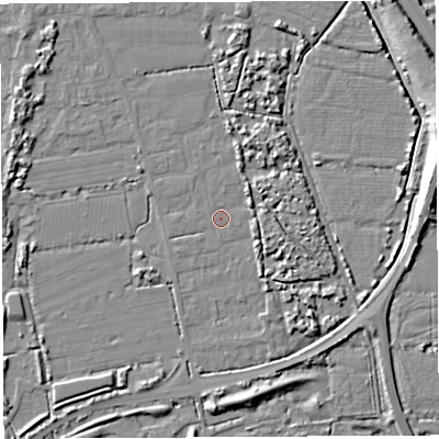 Shaded relief map of the ground around BS354QB, computed from Environment Agency LiDAR. The ground here sits at about 6 m above sea level and falls 10 m across the surrounding 800 m. Surface water reaching this point runs off ground lying to the south-east, 3.0 m higher.