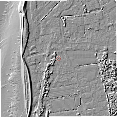 Shaded relief map of the ground around BS354QD, computed from Environment Agency LiDAR. The ground here sits at about 6 m above sea level and falls 12 m across the surrounding 800 m. Surface water reaching this point runs off ground lying to the south-west, 2.4 m higher.