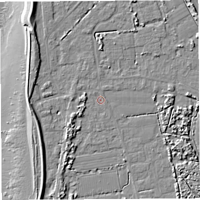 Shaded relief map of the ground around BS354QE, computed from Environment Agency LiDAR. The ground here sits at about 6 m above sea level and falls 13 m across the surrounding 800 m. Surface water reaching this point runs off ground lying to the south-west, 2.4 m higher.