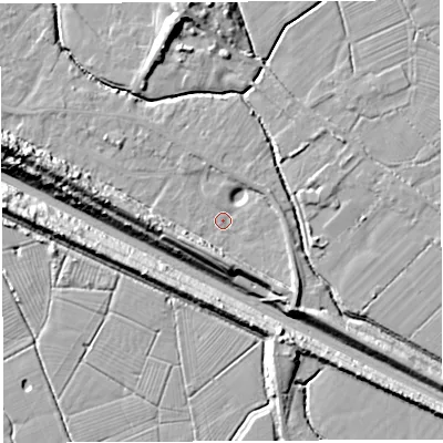Shaded relief map of the ground around BS354QF, computed from Environment Agency LiDAR. The ground here sits at about 6 m above sea level and falls 16 m across the surrounding 800 m. Surface water reaching this point runs off ground lying to the south, 7.5 m higher.