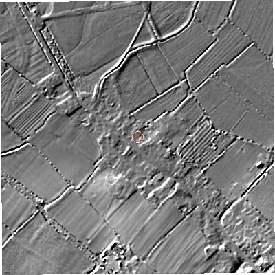 Shaded relief map of the ground around BS355QX, computed from Environment Agency LiDAR. The ground here sits at about 7 m above sea level and falls 10 m across the surrounding 800 m. Surface water reaching this point runs off ground lying to the east-south-east, 1.5 m higher.