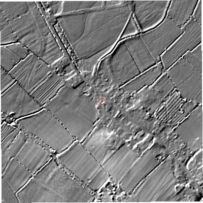 Shaded relief map of the ground around BS355RA, computed from Environment Agency LiDAR. The ground here sits at about 7 m above sea level and falls 10 m across the surrounding 800 m. Surface water reaching this point runs off ground lying to the east, 0.8 m higher.
