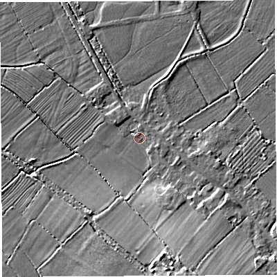 Shaded relief map of the ground around BS355RD, computed from Environment Agency LiDAR. The ground here sits at about 7 m above sea level and falls 10 m across the surrounding 800 m. Surface water reaching this point runs off ground lying to the south-south-east, 8.4 m higher.