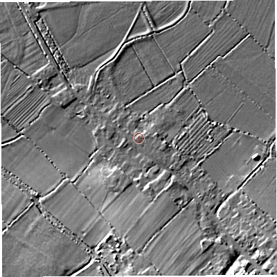 Shaded relief map of the ground around BS355RE, computed from Environment Agency LiDAR. The ground here sits at about 8 m above sea level and falls 11 m across the surrounding 800 m. Surface water reaching this point runs off ground lying to the east, 0.7 m higher.