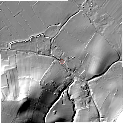 Shaded relief map of the ground around BS355RU, computed from Environment Agency LiDAR. The ground here sits at about 10 m above sea level and falls 59 m across the surrounding 800 m. Surface water reaching this point runs off ground lying to the south-west, 56.4 m higher.