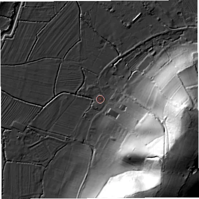 Shaded relief map of the ground around BS355RX, computed from Environment Agency LiDAR. The ground here sits at about 7 m above sea level and falls 64 m across the surrounding 800 m. Surface water reaching this point runs off ground lying to the south-east, 60.1 m higher.