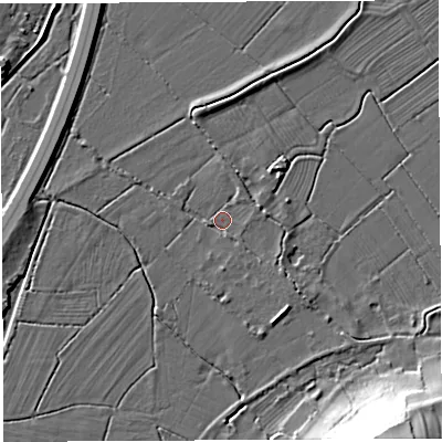 Shaded relief map of the ground around BS355RY, computed from Environment Agency LiDAR. The ground here sits at about 7 m above sea level and falls 23 m across the surrounding 800 m. Surface water reaching this point runs off ground lying to the south-east, 2.3 m higher.