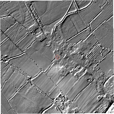 Shaded relief map of the ground around BS355SB, computed from Environment Agency LiDAR. The ground here sits at about 7 m above sea level and falls 11 m across the surrounding 800 m. Surface water reaching this point runs off ground lying to the south-south-east, 9.1 m higher.
