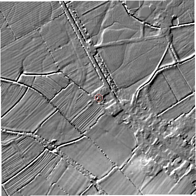 Shaded relief map of the ground around BS355SF, computed from Environment Agency LiDAR. The ground here sits at about 7 m above sea level and falls 7 m across the surrounding 800 m. Surface water reaching this point runs off ground lying to the south-south-east, 6.2 m higher.