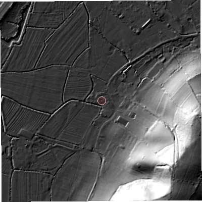 Shaded relief map of the ground around BS355SG, computed from Environment Agency LiDAR. The ground here sits at about 7 m above sea level and falls 63 m across the surrounding 800 m. Surface water reaching this point runs off ground lying to the south-south-east, 2.3 m higher.