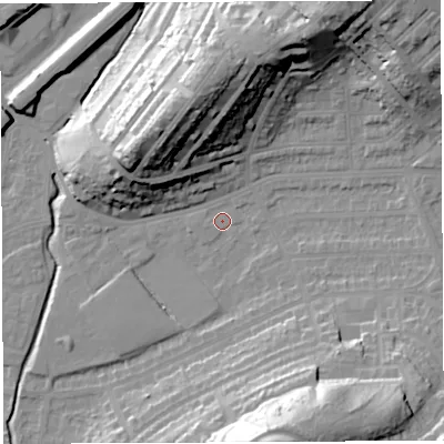 Shaded relief map of the ground around BS35AZ, computed from Environment Agency LiDAR. The ground here sits at about 12 m above sea level and falls 36 m across the surrounding 800 m. Surface water reaching this point runs off ground lying to the south-south-east, 29.4 m higher.