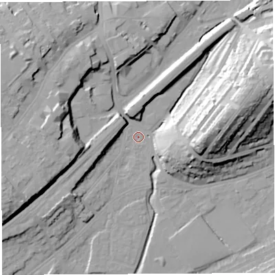 Shaded relief map of the ground around BS35BE, computed from Environment Agency LiDAR. The ground here sits at about 11 m above sea level and falls 33 m across the surrounding 800 m. Surface water reaching this point runs off ground lying to the south-west, 10.8 m higher.
