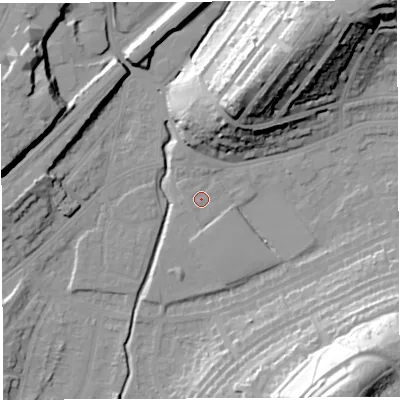 Shaded relief map of the ground around BS35BG, computed from Environment Agency LiDAR. The ground here sits at about 12 m above sea level and falls 44 m across the surrounding 800 m. Surface water reaching this point runs off ground lying to the north-east, 28.7 m higher.