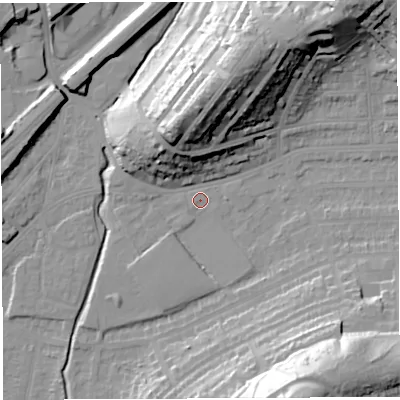 Shaded relief map of the ground around BS35BH, computed from Environment Agency LiDAR. The ground here sits at about 12 m above sea level and falls 38 m across the surrounding 800 m. Surface water reaching this point runs off ground lying to the south-east, 31.3 m higher.