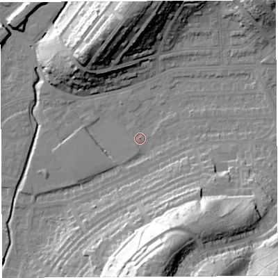 Shaded relief map of the ground around BS35BL, computed from Environment Agency LiDAR. The ground here sits at about 13 m above sea level and falls 46 m across the surrounding 800 m. Surface water reaching this point runs off ground lying to the south-south-east, 29.8 m higher.