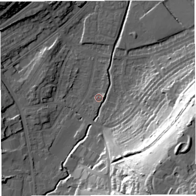 Shaded relief map of the ground around BS35DL, computed from Environment Agency LiDAR. The ground here sits at about 11 m above sea level and falls 60 m across the surrounding 800 m. Surface water reaching this point runs off ground lying to the south-south-east, 52.5 m higher.