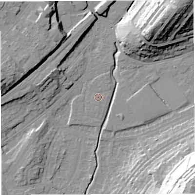 Shaded relief map of the ground around BS35DR, computed from Environment Agency LiDAR. The ground here sits at about 11 m above sea level and falls 46 m across the surrounding 800 m. Surface water reaching this point runs off ground lying to the south, 0.7 m higher.