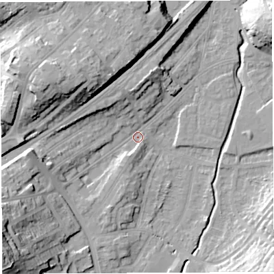 Shaded relief map of the ground around BS35EY, computed from Environment Agency LiDAR. The ground here sits at about 12 m above sea level and falls 36 m across the surrounding 800 m. Surface water reaching this point runs off ground lying to the west-south-west, 19.0 m higher.