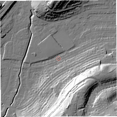 Shaded relief map of the ground around BS35JZ, computed from Environment Agency LiDAR. The ground here sits at about 12 m above sea level and falls 52 m across the surrounding 800 m. Surface water reaching this point runs off ground lying to the east-south-east, 29.6 m higher.