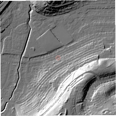 Shaded relief map of the ground around BS35LA, computed from Environment Agency LiDAR. The ground here sits at about 13 m above sea level and falls 54 m across the surrounding 800 m. Surface water reaching this point runs off ground lying to the south-south-east, 43.9 m higher.