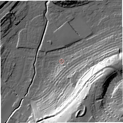 Shaded relief map of the ground around BS35LB, computed from Environment Agency LiDAR. The ground here sits at about 12 m above sea level and falls 55 m across the surrounding 800 m. Surface water reaching this point runs off ground lying to the south-south-east, 51.1 m higher.